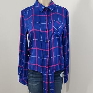 Sanctuary Women's Blue and Pink Checkered Button-Down Shirt Saze S